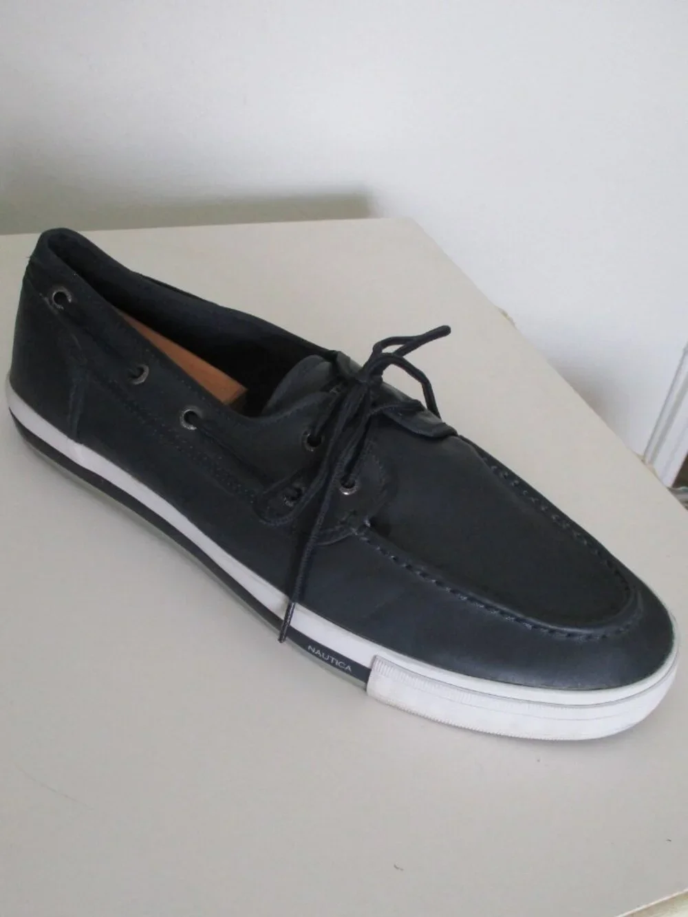 Nautica Mens Navy Faux Leather Lace-up Boat Shoe Moccasin Loafer Shoe - Size 12M